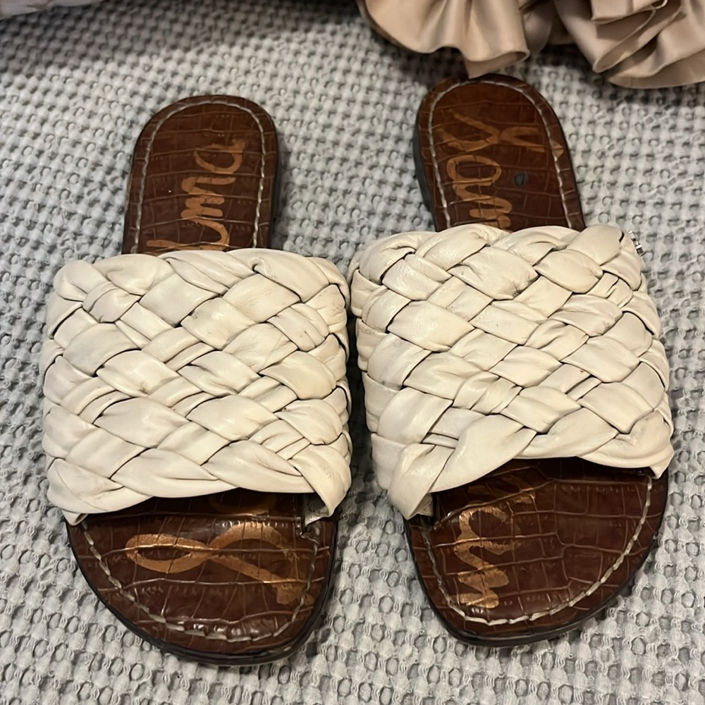 Sam Edelman Womens Braided Woven Cream Leather Slide Slip On Flat Mule Sandals 7 - Picture 2 of 8
